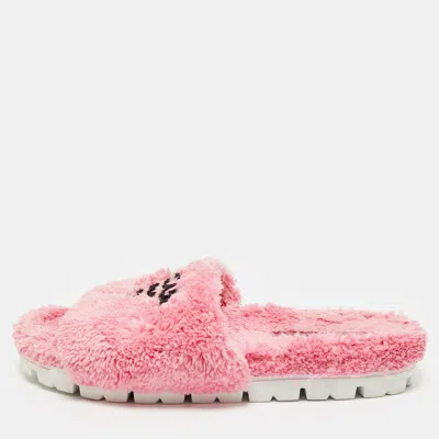 Pre-owned Prada Pink Shearling Logo Slide Flats Size 39