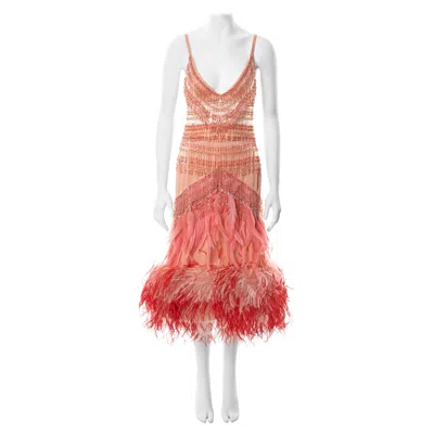 Pre-owned Prada Pink Silk Feather Embellished Bra And Skirt With Beaded Fringe, Fw 2017