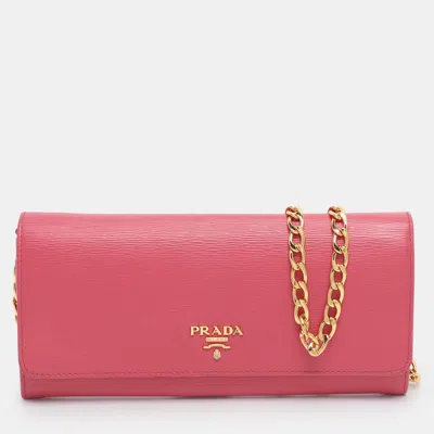 Pre-owned Prada Pink Vitello Move Leather Logo Flap Wallet On Chain