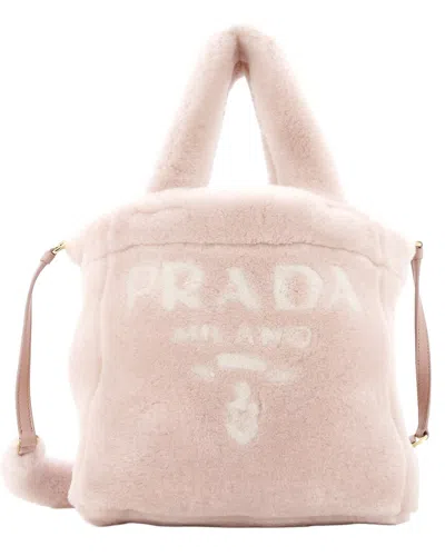 Prada Pink Wool/hair Logo Tote Shearling Mini (authentic Pre-loved)