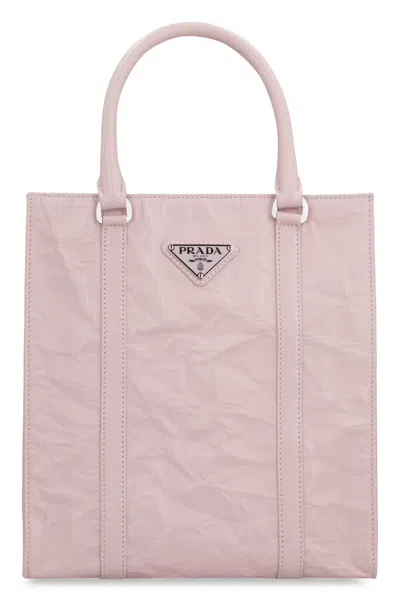 Prada Pink Wrinkled Leather Tote Handbag For Women