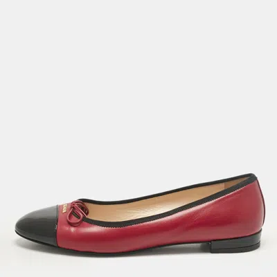 Pre-owned Prada Pink/black Patent And Leather Bow Ballet Flats Size 37