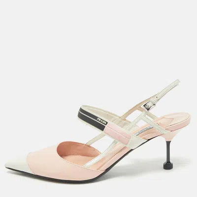 Pre-owned Prada Pink/white Leather Pointed Toe Slingback Pumps Size 41
