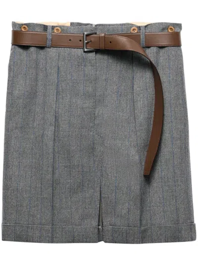 Prada Gessato Belted Paperbag Skirt In Grey