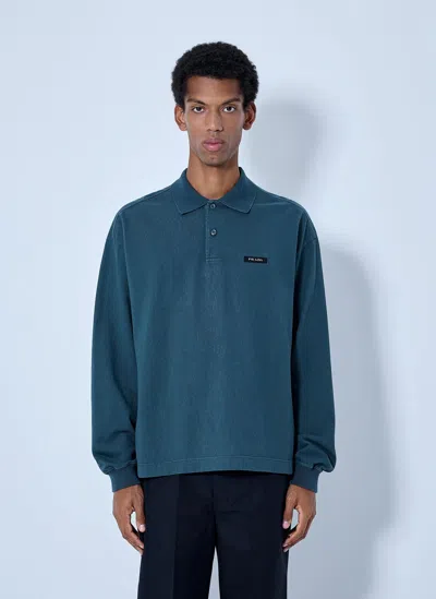 Prada Piqué Long Sleeve Polo Shirt In Blue