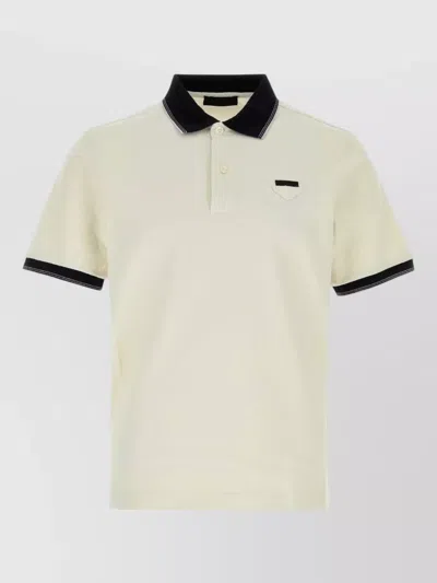Prada Piquet Polo Shirt Chest Pocket Contrasting Collar In Neutral