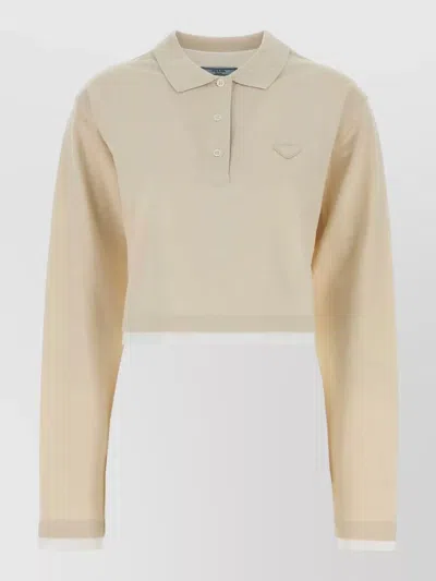 Prada Piquet Polo Shirt Long Sleeves Cropped In Brown