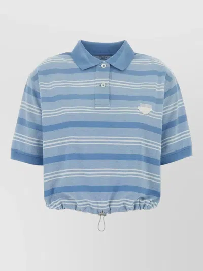 Prada Piquet Polo Shirt Striped Drawstring Hem In Blue