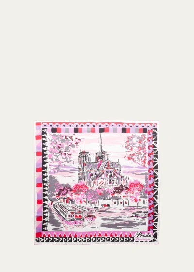 Prada Pittoresque Paris-print Silk Scarf In Pink