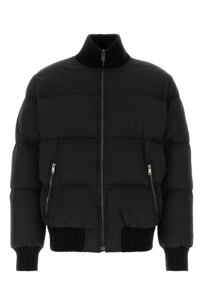 Prada Cotton Bomber Jacket Ribbed Collar Hem In Black