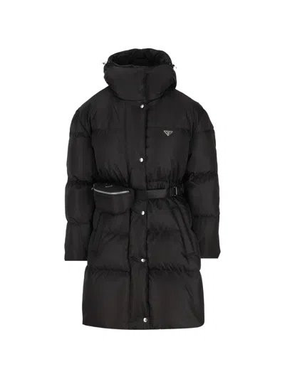Prada Long Hooded Jacket Belted Waist Quilting Zip In Black