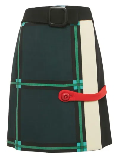 Pre-owned Prada Plaid Midi Skirt In Green