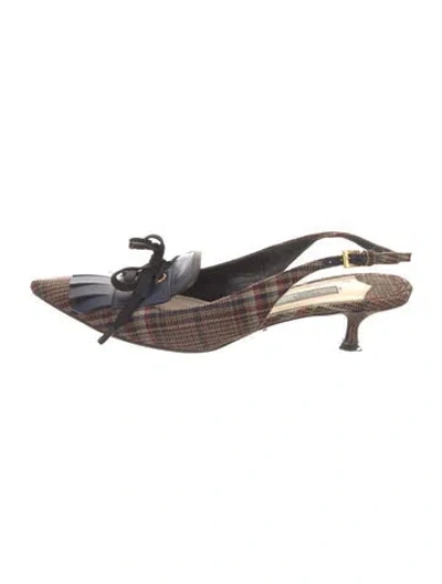 Pre-owned Prada Plaid Print Fringe Trim Accent Slingback Pumps In Multi