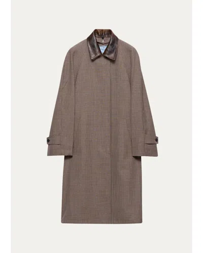 Prada Plaid Wool-leather Belted Coat In Tobacco