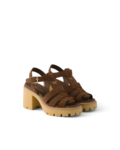Prada High-heeled Suede Platform Sandals In Brown