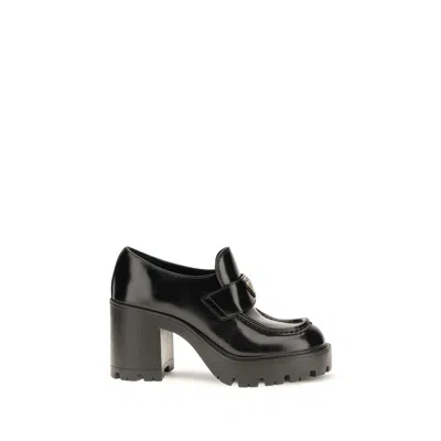 Prada Brushed Calf Leather Heeled Loafer In Black
