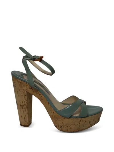 Pre-owned Prada Platform Cork Heel Sandals In Green