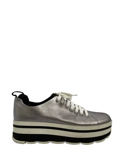 Pre-owned Prada Platform Leather Sneakers In Silver