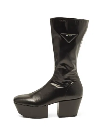 Pre-owned Prada Platform Mid-calf Boots In Black