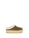 Prada Brown Suede Mules With Shearling Trim And Plush Lining In Brown
