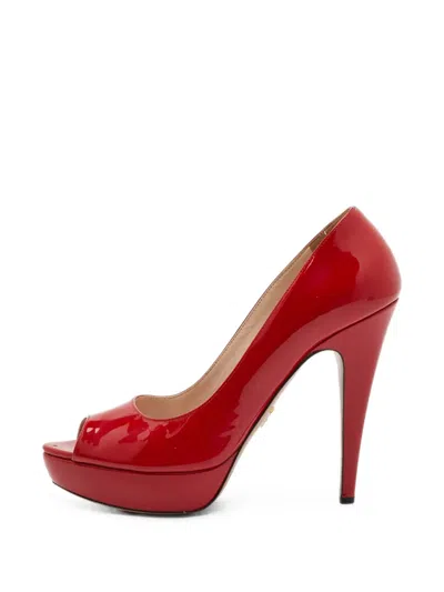 Pre-owned Prada Platform Peep-toe Pumps In Red