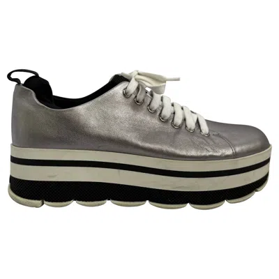 Prada Platform Sneakers In Silver Leather In White
