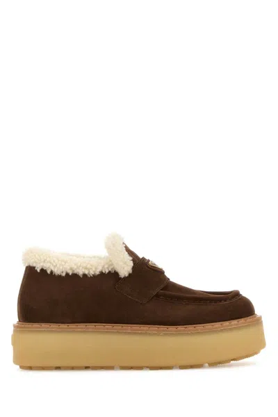 Prada Platform Suede Loafers For Women With 4 Cm Sole In Brown