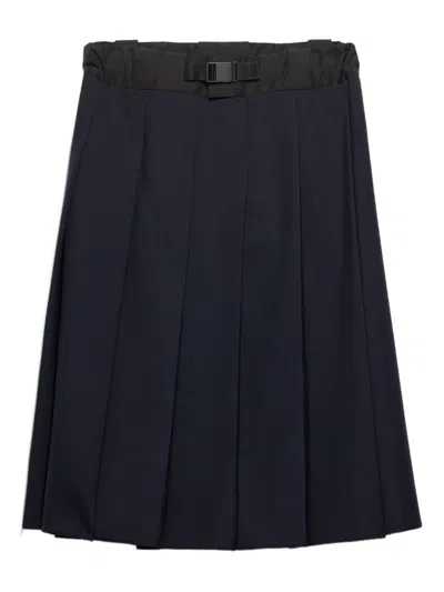 Prada Pleated Buckle-belt Midi Skirt In Blue