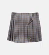 Prada Pleated Checked Wool Twill Miniskirt In Blue