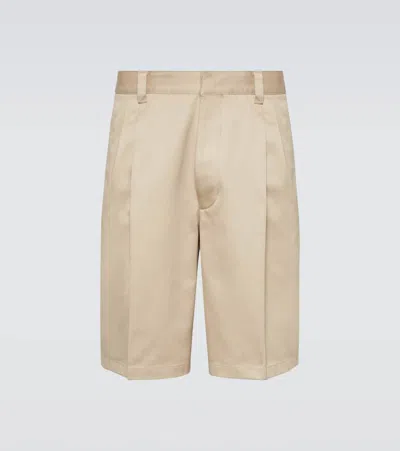 Prada Pleated Cotton Bermuda Shorts In Beige