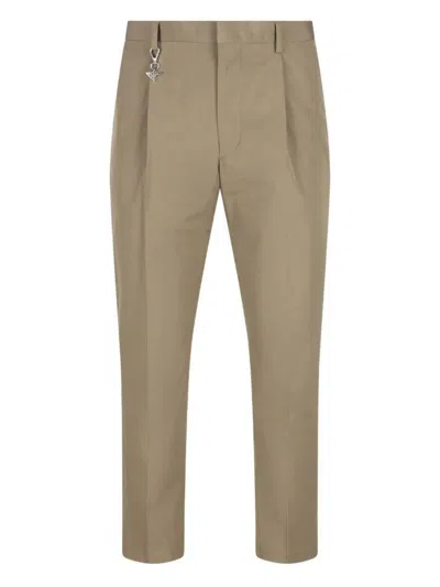 Prada Pleated Cotton Trousers With Charm Clothing In Neutral