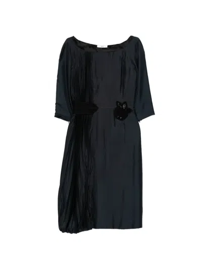 Pre-owned Prada Pleated Floral-appliqué Dress In Gray