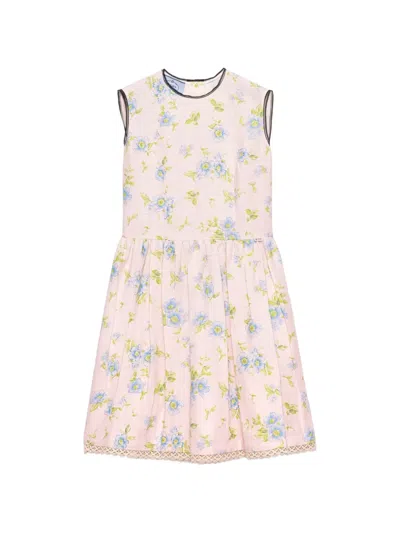 Prada Pleated Floral-print Linen Dress In Multi