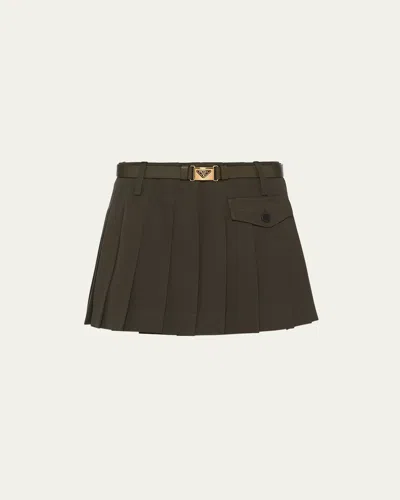 Prada Pleated Gabardine Leather Belted Mini Skirt In Militare