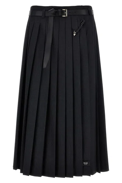 Prada Women Pleated Gabardine Skirt In Gray
