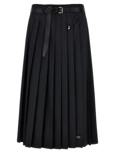 Prada Women Pleated Gabardine Skirt In Gray