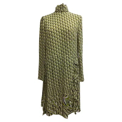 Prada Pleated Geometric Printed Midi Dress In Multicolor Silk In Green