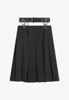 Prada Suspended Leather Belt Pleated Wool Skirt In Gray