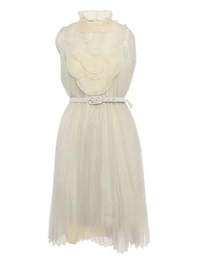 Pre-owned Prada Pleated Ruffled Dress In White