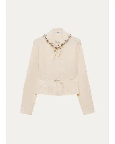 Prada Pleated Silk Handkerchief Scarf Button-down Shirt In Neutral