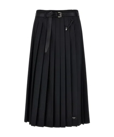 Prada Women Pleated Gabardine Skirt In Gray