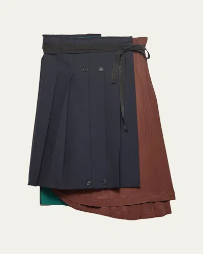 PRADA PLEATED WOOL PATCHWORK MIDI SKIRT