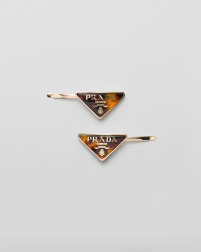 Prada Womens Neutral Logo-plaque Gold-toned Metal Hair Clips Set Of Two