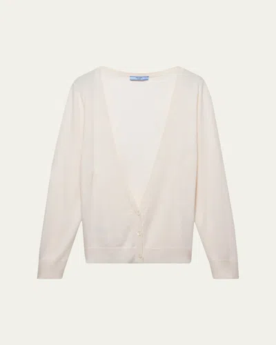 Prada Plunging V-neck Cashmere Cardigan In White