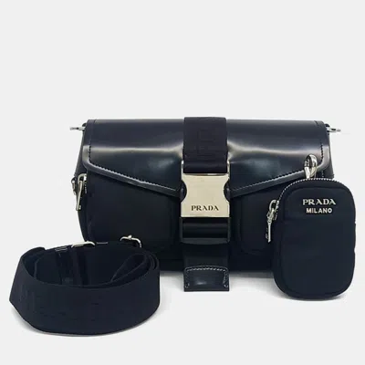 Pre-owned Prada Pocket Re-nylon Brushed Black Leather Shoulder Bag