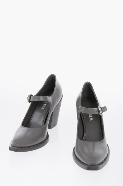 Prada Pointed Brushed Leather Maryjanes Heel 9 Cm In Grey