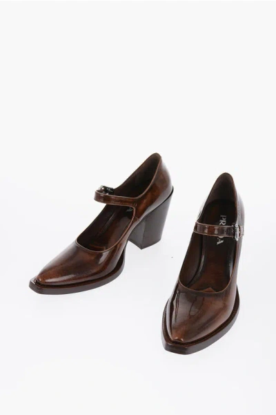 Prada Pointed Brushed Leather Maryjanes Heel 9 Cm In Brown