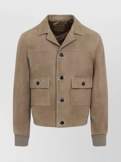PRADA POINTED COLLAR LAMB LEATHER BLOUSON