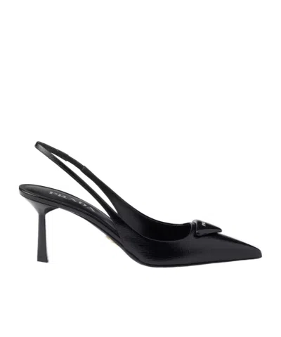 Prada 75mm Triangle-logo Leather Pumps In Black