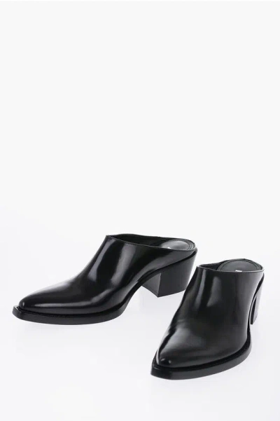 Prada Pointed Leather Mules Heel 6 Cm In Black